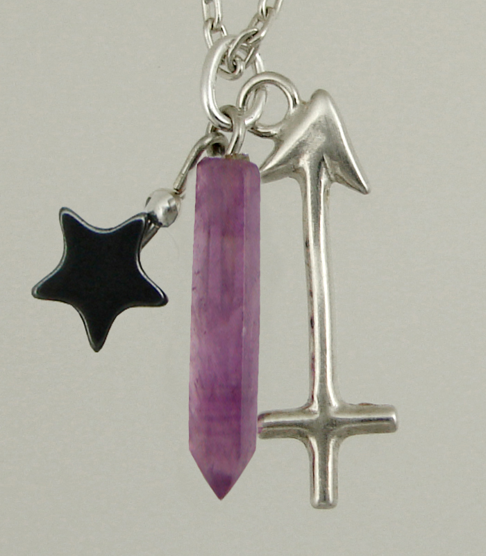 Sterling Silver Sagittarius Pendant Necklace With an Amethyst Crystal And a Black Onyx Star